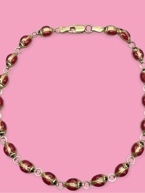 14K Gold Ladybug Anklet Solid Yellow Gold Enamel 10” Lucky Charm Bracelet 4.8g